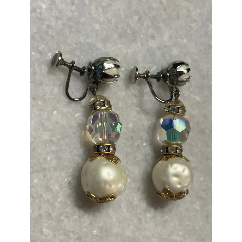 VTG Faux Pearl Crystal Gold Tone Drop Earrings Hollywood glam Statement jewelry
